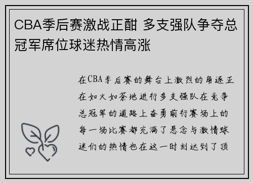 CBA季后赛激战正酣 多支强队争夺总冠军席位球迷热情高涨